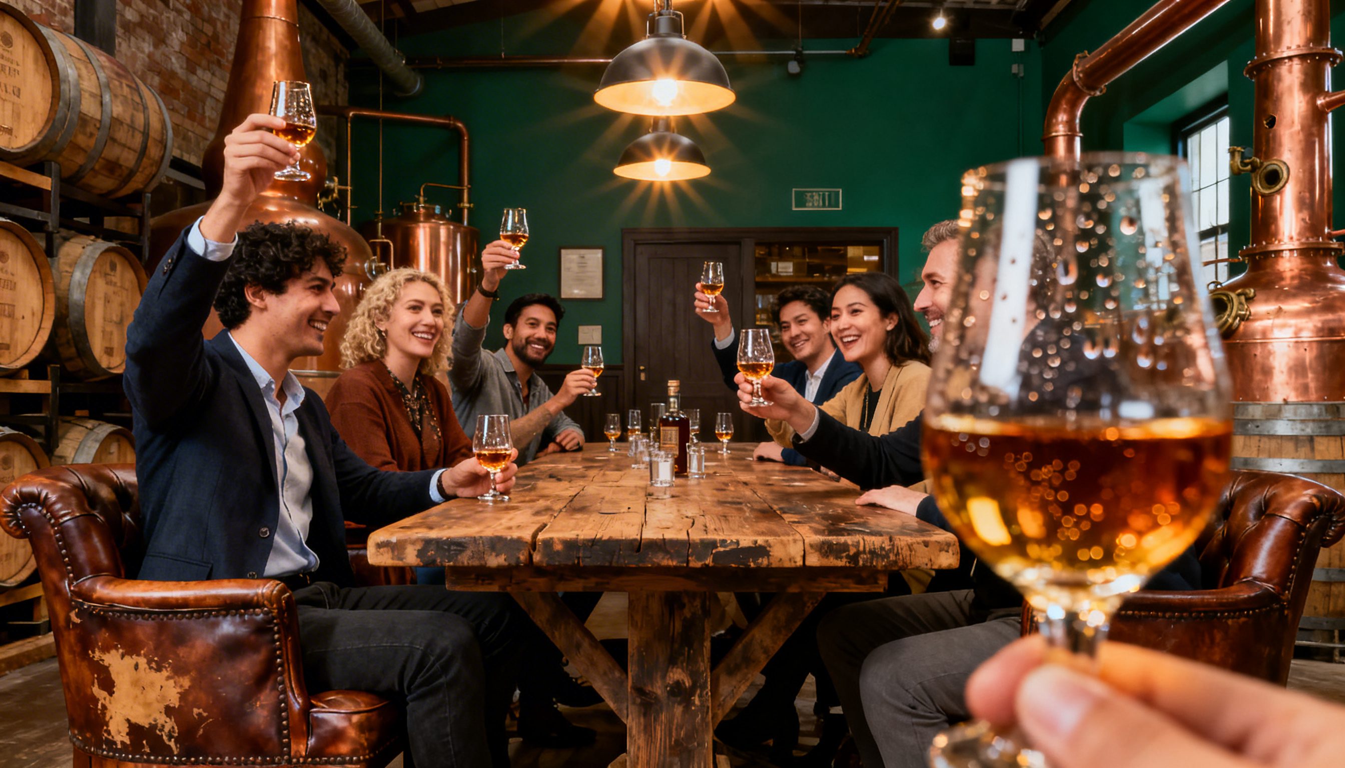 Diverse group learning about regional whisky characteristics through nosing and tasting